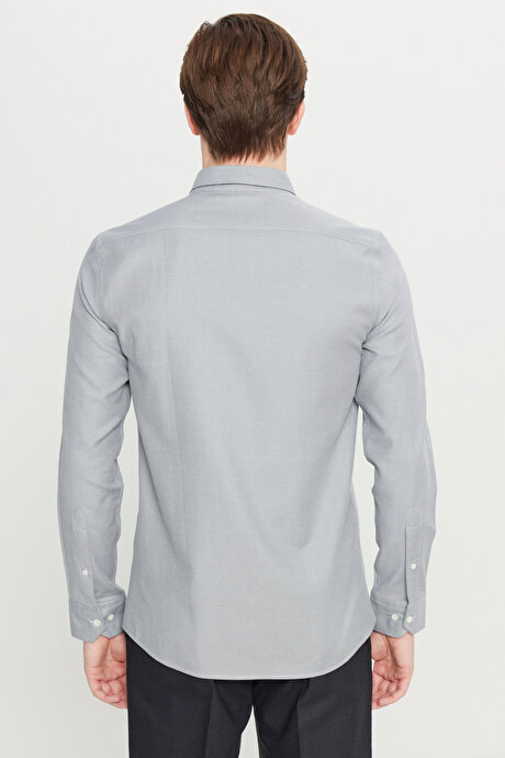 %100 Pamuk Slim Fit Dar Kesim Düğmeli Yaka Diagonal Desenli Gri Gömlek resmi