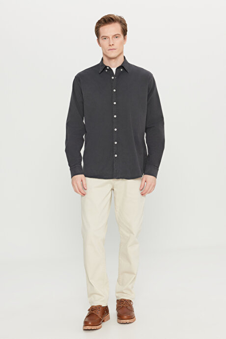 Pamuklu Comfort Fit Rahat Kesim Gizli Düğmeli Yaka Antrasit Gömlek resmi