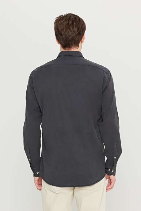 Pamuklu Comfort Fit Rahat Kesim Gizli Düğmeli Yaka Antrasit Gömlek resmi