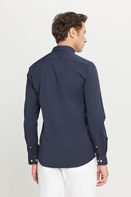 Pamuklu Comfort Fit Rahat Kesim Gizli Düğmeli Yaka Lacivert Gömlek resmi