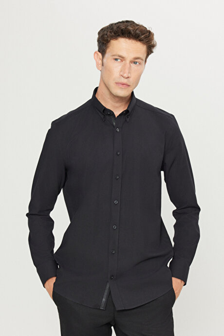 Pamuklu Slim Fit Dar Kesim Düğmeli Yaka Esnek Gabardin Siyah Gömlek resmi