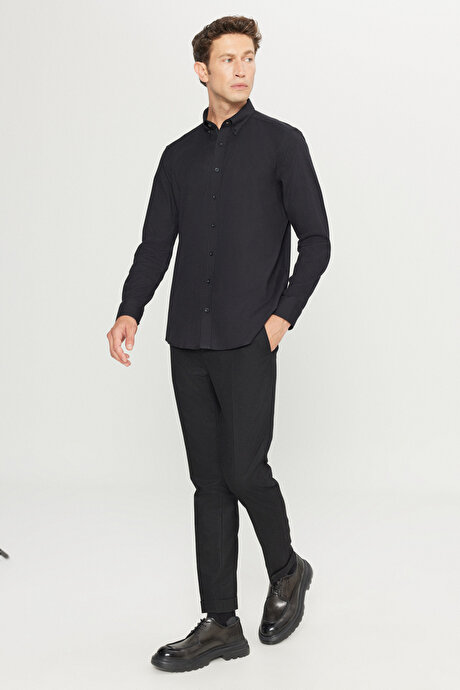 Pamuklu Slim Fit Dar Kesim Düğmeli Yaka Esnek Gabardin Siyah Gömlek resmi