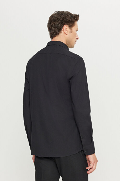Pamuklu Slim Fit Dar Kesim Düğmeli Yaka Esnek Gabardin Siyah Gömlek resmi