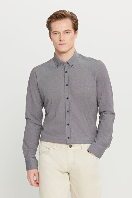 Pamuklu Slim Fit Dar Kesim Düğmeli Yaka Örme Gri Gömlek resmi