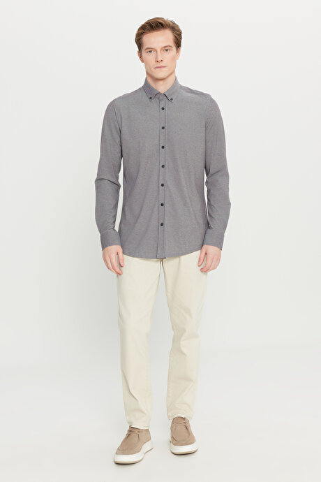 Pamuklu Slim Fit Dar Kesim Düğmeli Yaka Örme Gri Gömlek resmi
