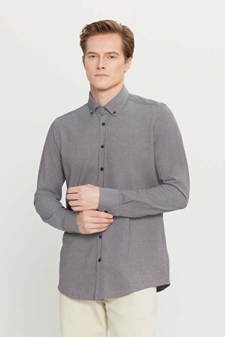 Pamuklu Slim Fit Dar Kesim Düğmeli Yaka Örme Gri Gömlek resmi