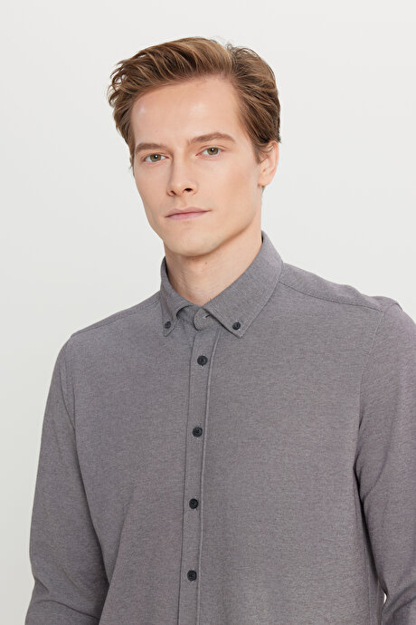 Pamuklu Slim Fit Dar Kesim Düğmeli Yaka Örme Gri Gömlek resmi