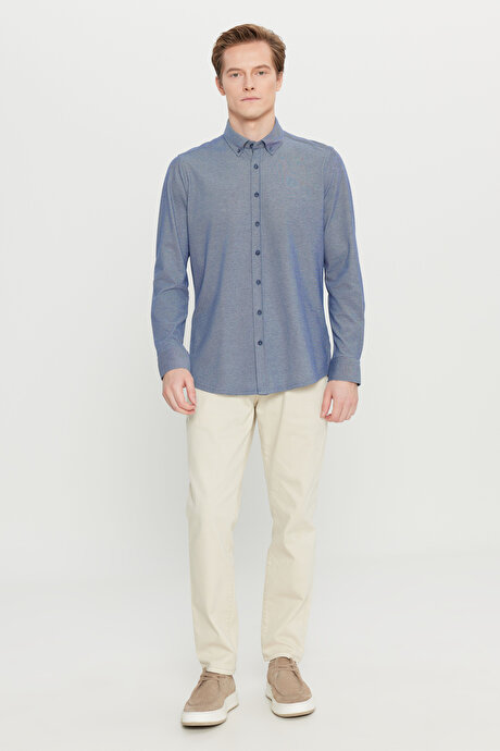 Pamuklu Slim Fit Dar Kesim Düğmeli Yaka Örme Lacivert Gömlek resmi
