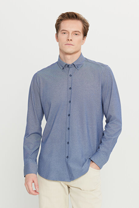 Pamuklu Slim Fit Dar Kesim Düğmeli Yaka Örme Lacivert Gömlek resmi