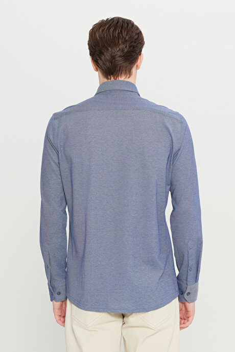 Pamuklu Slim Fit Dar Kesim Düğmeli Yaka Örme Lacivert Gömlek resmi