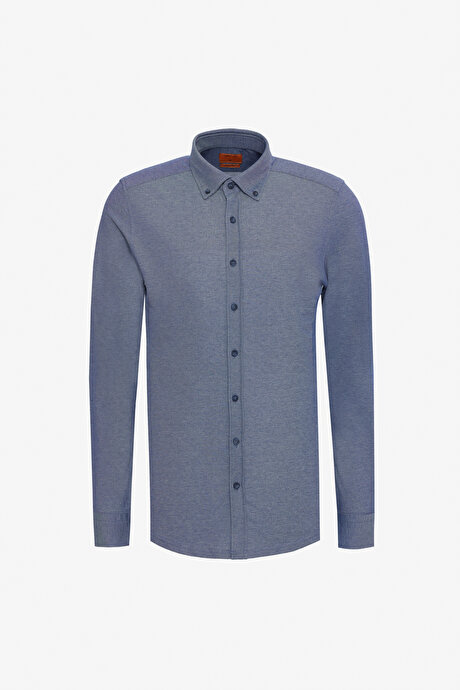 Pamuklu Slim Fit Dar Kesim Düğmeli Yaka Örme Lacivert Gömlek resmi