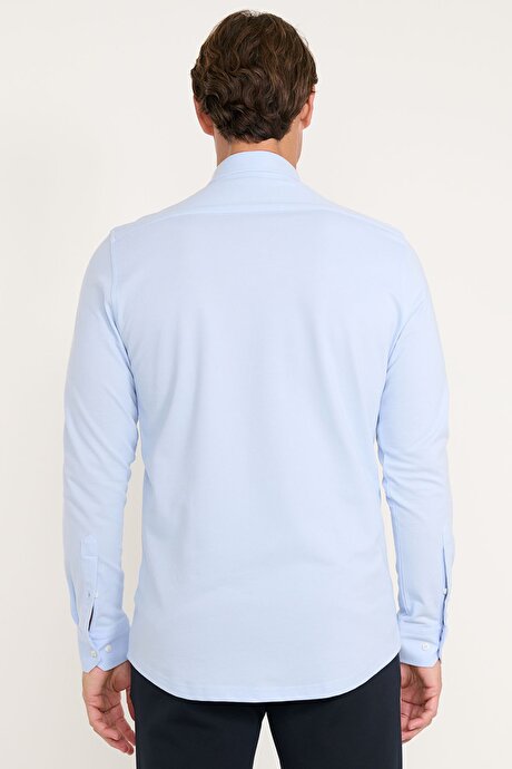 Pamuklu Slim Fit Dar Kesim Düğmeli Yaka Örme Mavi Gömlek resmi