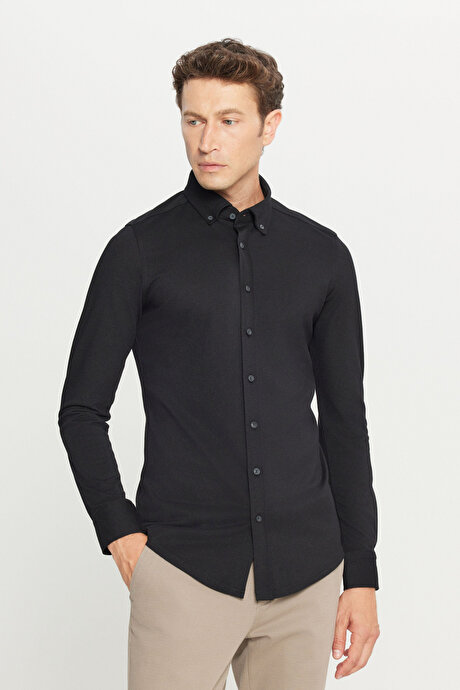 Pamuklu Slim Fit Dar Kesim Düğmeli Yaka Örme Siyah Gömlek resmi