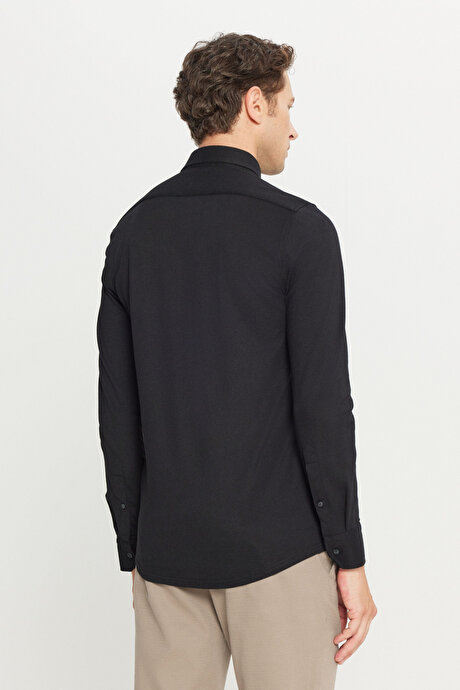 Pamuklu Slim Fit Dar Kesim Düğmeli Yaka Örme Siyah Gömlek resmi
