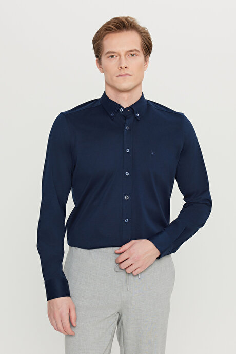 %100 Pamuk Slim Fit Dar Kesim Düğmeli Yaka Örme Lacivert Gömlek resmi
