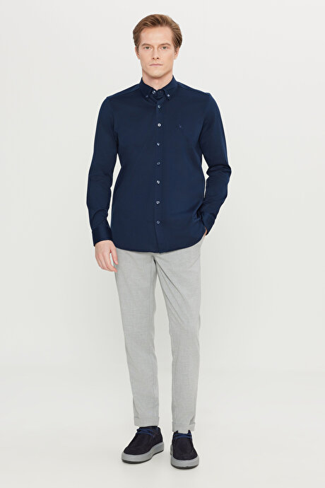 %100 Pamuk Slim Fit Dar Kesim Düğmeli Yaka Örme Lacivert Gömlek resmi