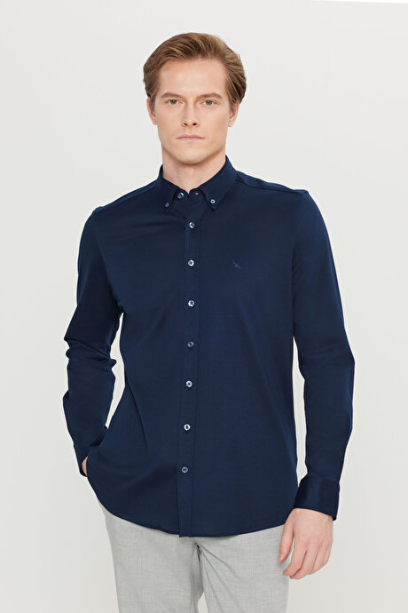 %100 Pamuk Slim Fit Dar Kesim Düğmeli Yaka Örme Lacivert Gömlek resmi