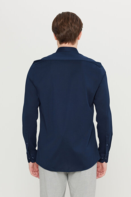 %100 Pamuk Slim Fit Dar Kesim Düğmeli Yaka Örme Lacivert Gömlek resmi