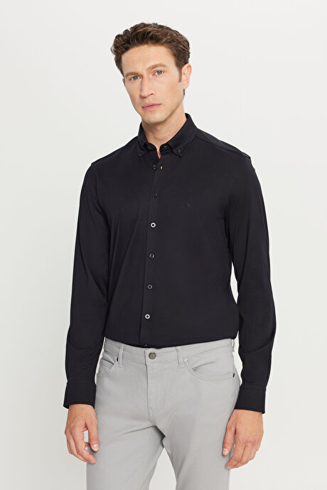%100 Pamuk Slim Fit Dar Kesim Düğmeli Yaka Örme Siyah Gömlek resmi
