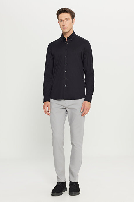 %100 Pamuk Slim Fit Dar Kesim Düğmeli Yaka Örme Siyah Gömlek resmi