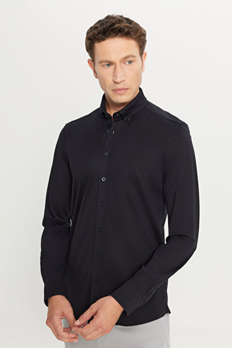 %100 Pamuk Slim Fit Dar Kesim Düğmeli Yaka Örme Siyah Gömlek resmi