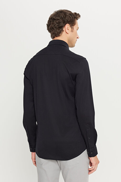 %100 Pamuk Slim Fit Dar Kesim Düğmeli Yaka Örme Siyah Gömlek resmi