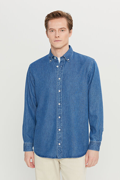 Yumuşak Dokulu Comfort Fit Rahat Kesim Klasik Yaka Denim Lacivert Gömlek resmi