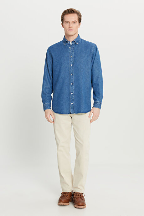 Yumuşak Dokulu Comfort Fit Rahat Kesim Klasik Yaka Denim Lacivert Gömlek resmi