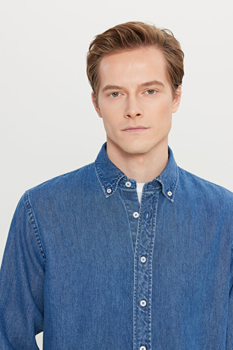 Yumuşak Dokulu Comfort Fit Rahat Kesim Klasik Yaka Denim Lacivert Gömlek resmi