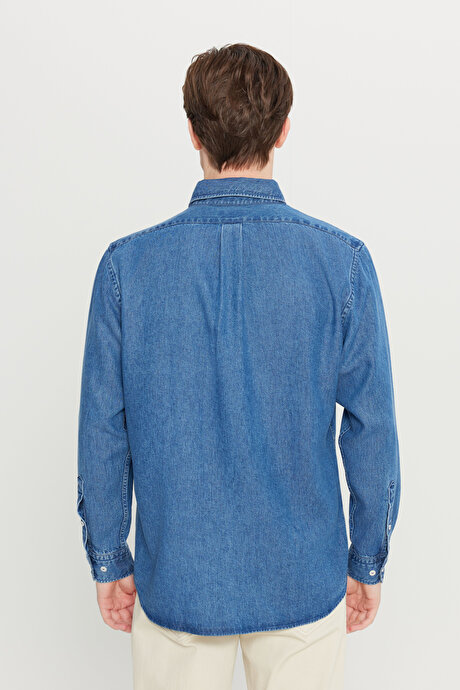 Yumuşak Dokulu Comfort Fit Rahat Kesim Klasik Yaka Denim Lacivert Gömlek resmi