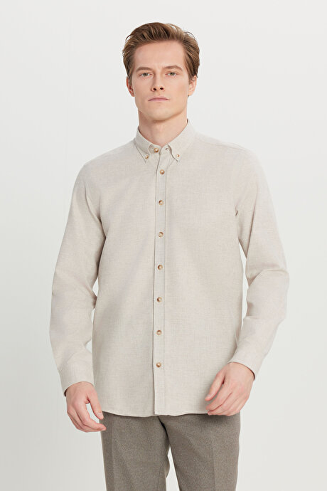 Pamuklu Slim Fit Dar Kesim Düğmeli Yaka Diagonal Desenli Flanel Bej Gömlek resmi