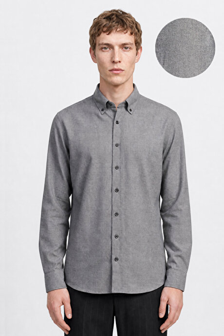Pamuklu Slim Fit Dar Kesim Düğmeli Yaka Diagonal Desenli Flanel Gri Gömlek resmi