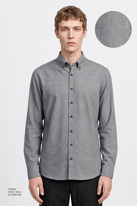 Pamuklu Slim Fit Dar Kesim Düğmeli Yaka Diagonal Desenli Flanel Gri Gömlek resmi