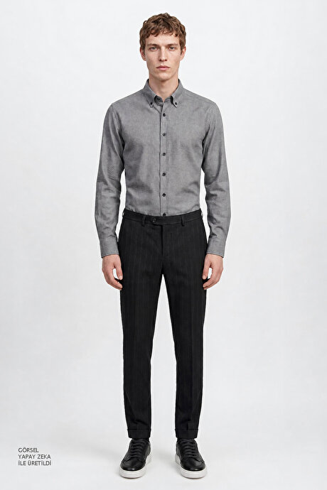 Pamuklu Slim Fit Dar Kesim Düğmeli Yaka Diagonal Desenli Flanel Gri Gömlek resmi