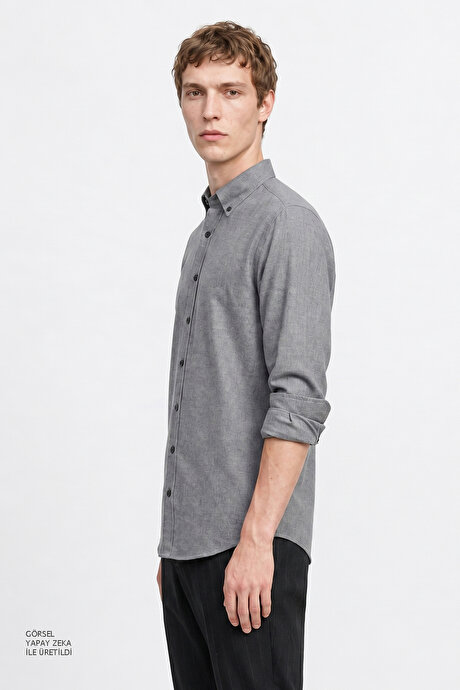 Pamuklu Slim Fit Dar Kesim Düğmeli Yaka Diagonal Desenli Flanel Gri Gömlek resmi