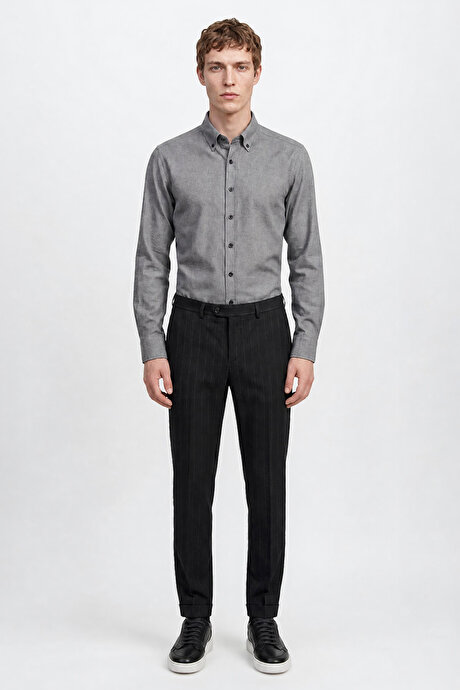 Pamuklu Slim Fit Dar Kesim Düğmeli Yaka Diagonal Desenli Flanel Gri Gömlek resmi