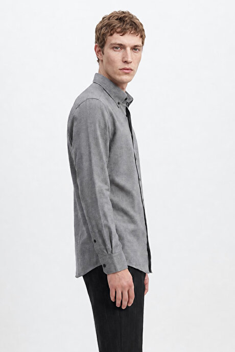 Pamuklu Slim Fit Dar Kesim Düğmeli Yaka Diagonal Desenli Flanel Gri Gömlek resmi