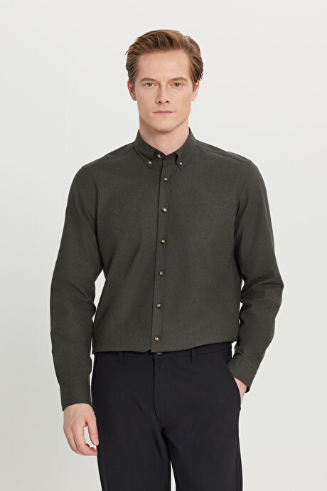 Pamuklu Slim Fit Dar Kesim Düğmeli Yaka Diagonal Desenli Flanel Haki Gömlek resmi