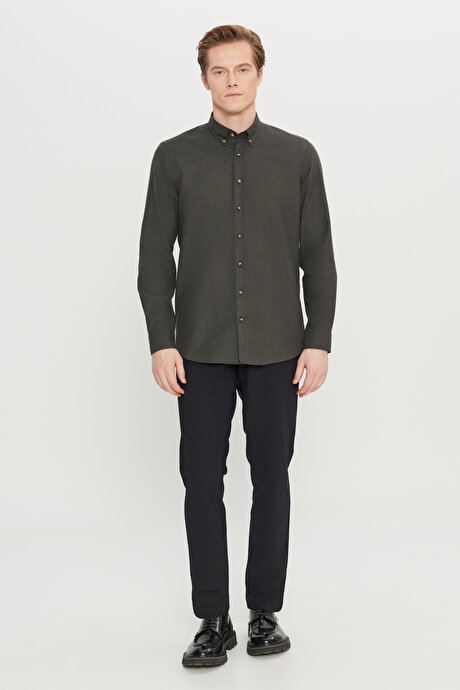 Pamuklu Slim Fit Dar Kesim Düğmeli Yaka Diagonal Desenli Flanel Haki Gömlek resmi