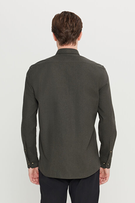 Pamuklu Slim Fit Dar Kesim Düğmeli Yaka Diagonal Desenli Flanel Haki Gömlek resmi