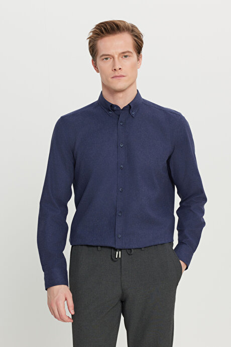 Pamuklu Slim Fit Dar Kesim Düğmeli Yaka Diagonal Desenli Flanel Lacivert Gömlek resmi