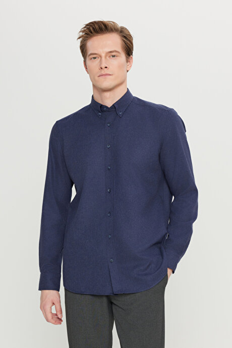 Pamuklu Slim Fit Dar Kesim Düğmeli Yaka Diagonal Desenli Flanel Lacivert Gömlek resmi