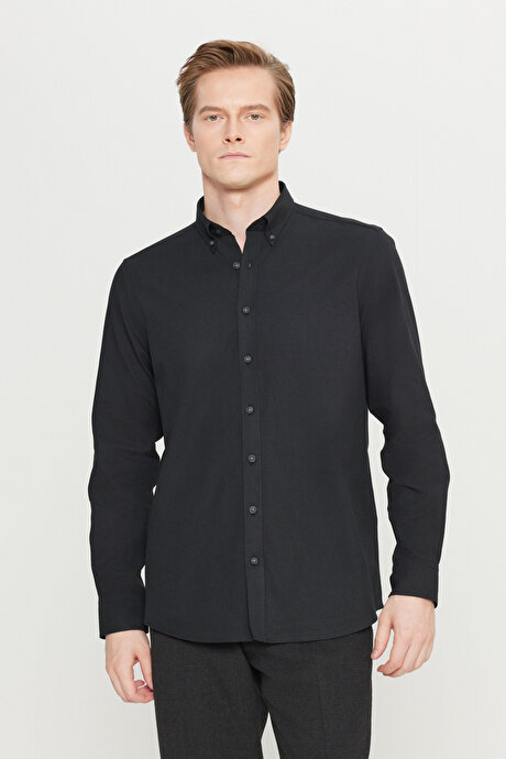 Pamuklu Slim Fit Dar Kesim Düğmeli Yaka Diagonal Desenli Flanel Siyah Gömlek resmi