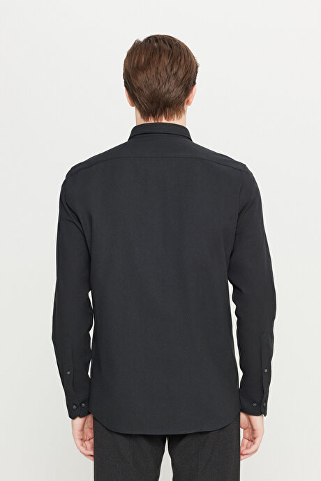 Pamuklu Slim Fit Dar Kesim Düğmeli Yaka Diagonal Desenli Flanel Siyah Gömlek resmi