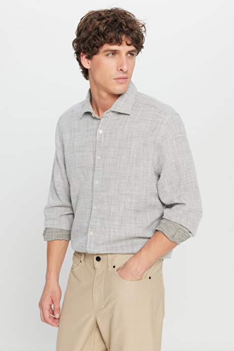 %100 Pamuk Slim Fit Dar Kesim Klasik Yaka Armürlü Haki-Beyaz Gömlek resmi