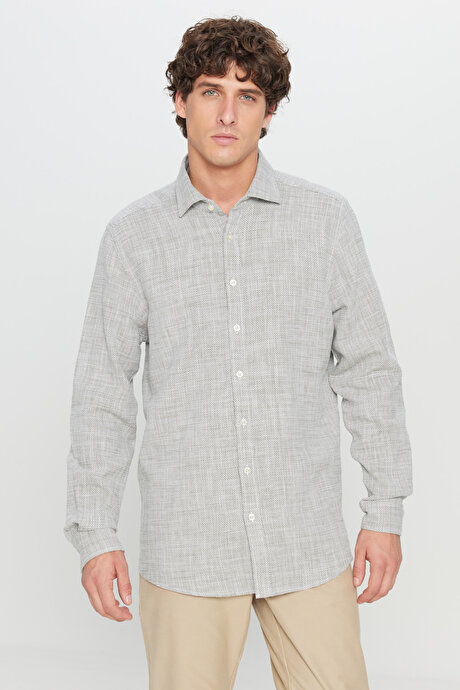 %100 Pamuk Slim Fit Dar Kesim Klasik Yaka Armürlü Haki-Beyaz Gömlek resmi