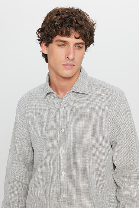 %100 Pamuk Slim Fit Dar Kesim Klasik Yaka Armürlü Haki-Beyaz Gömlek resmi