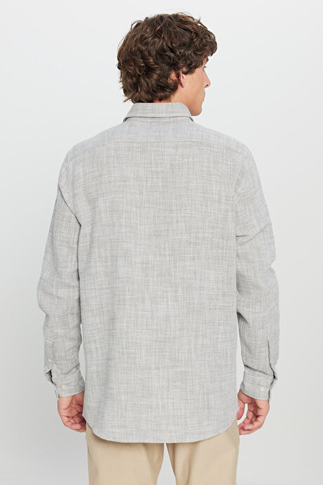 %100 Pamuk Slim Fit Dar Kesim Klasik Yaka Armürlü Haki-Beyaz Gömlek resmi