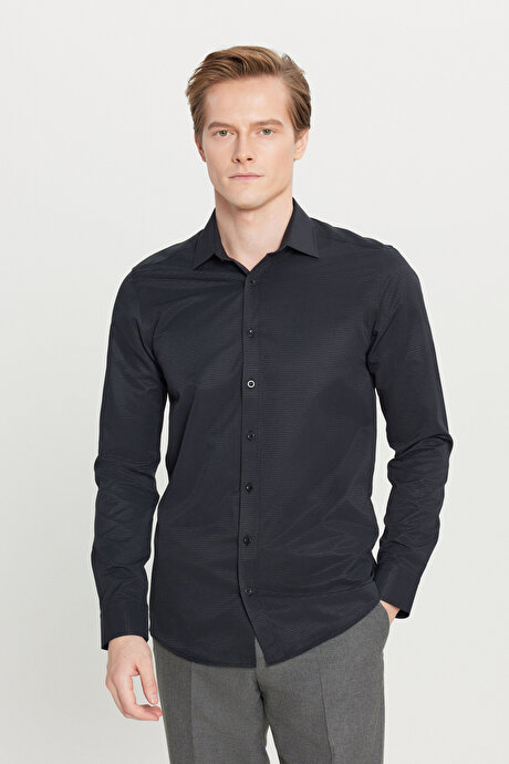 Pamuklu Regular Fit Normal Kesim Klasik Yaka Armürlü Siyah Gömlek resmi