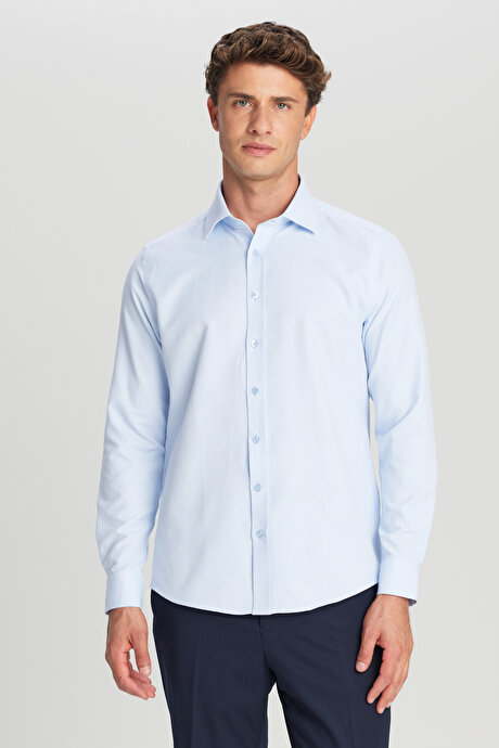Pamuklu Slim Fit Dar Kesim Klasik Yaka Armürlü Açık Mavi Gömlek resmi